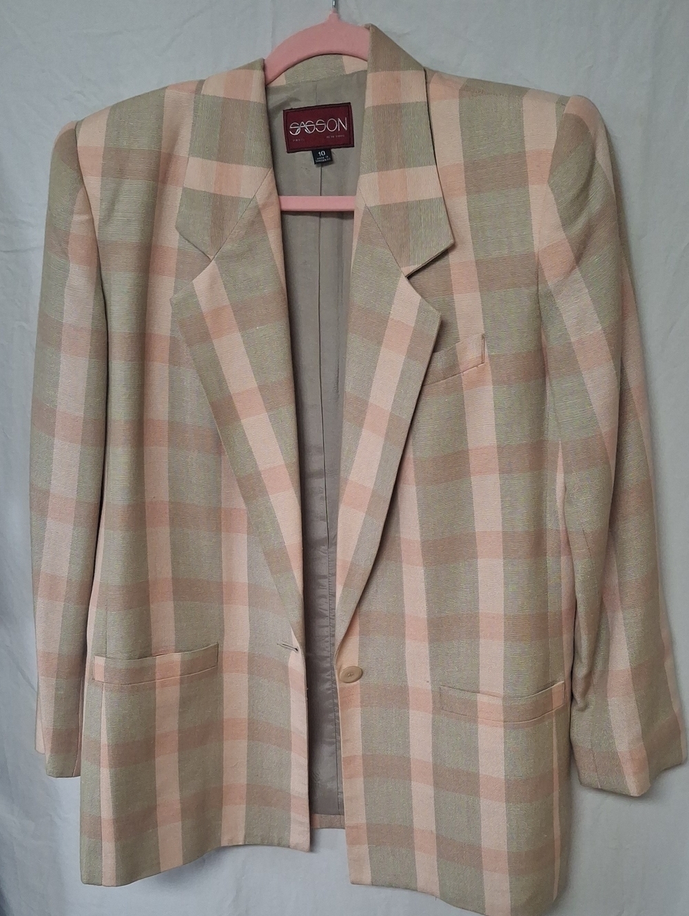Vintage 80s SASSON Linen Blend Plaid Blazer Pastel Pink Sage Boxy 10